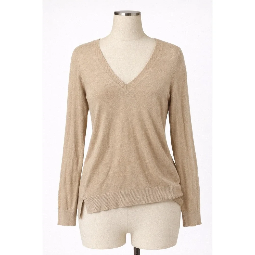 Michael Kors Womens Sweater Tan V-Neck‎ Gold Logo High Low Medium